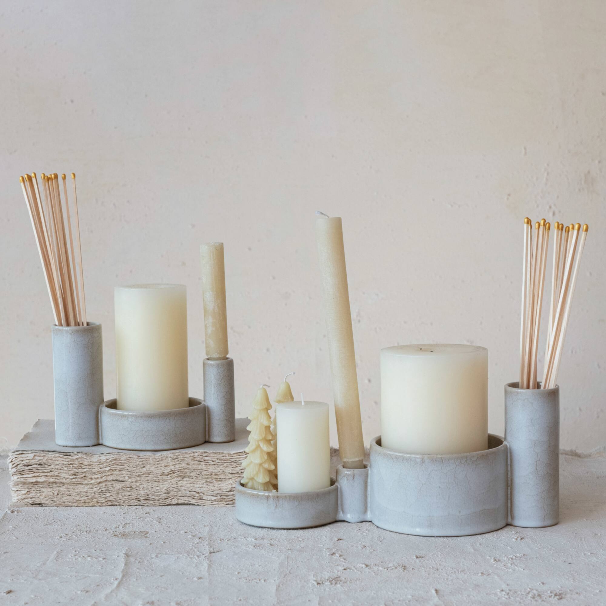 Hello Honey® 12" White Reactive Glaze Stoneware Serveware with Vase & Candle Holder